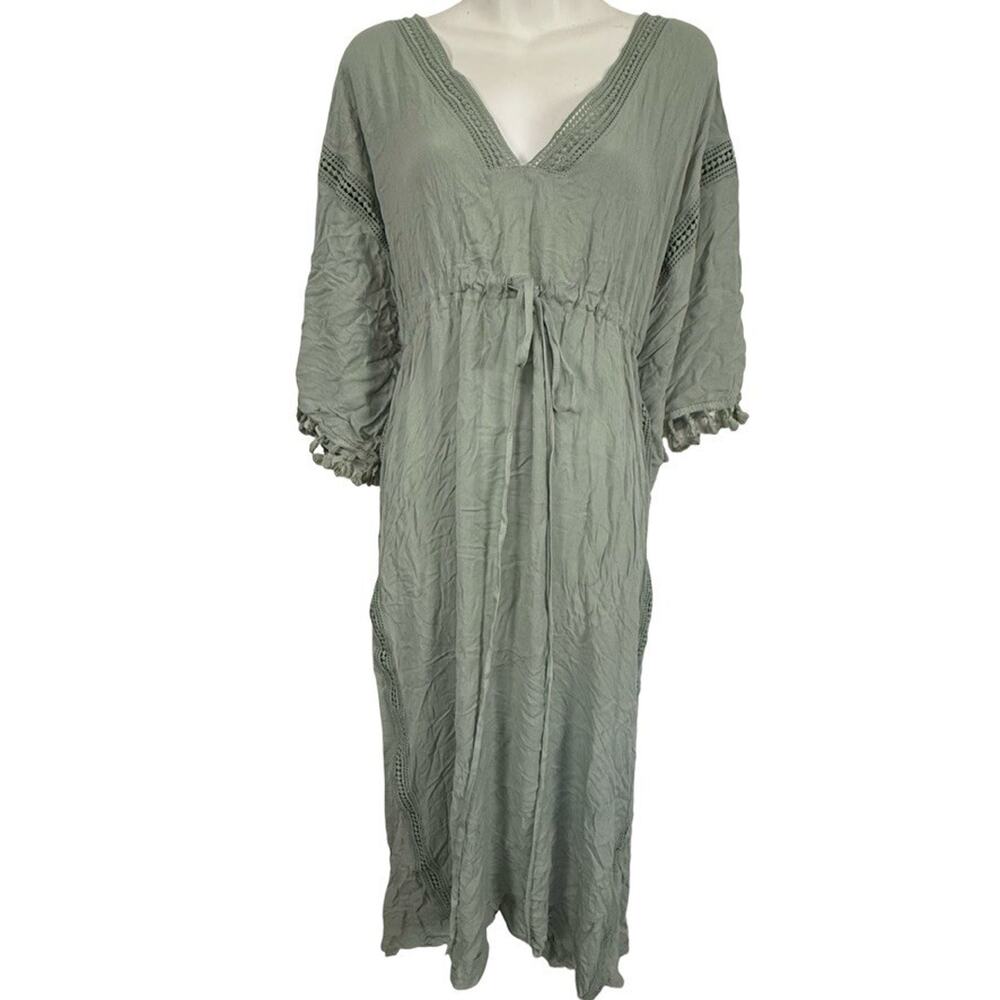 Easel Green Boho V-Neck Crochet Drawstring Empire Waist Sage Green Dress sz L